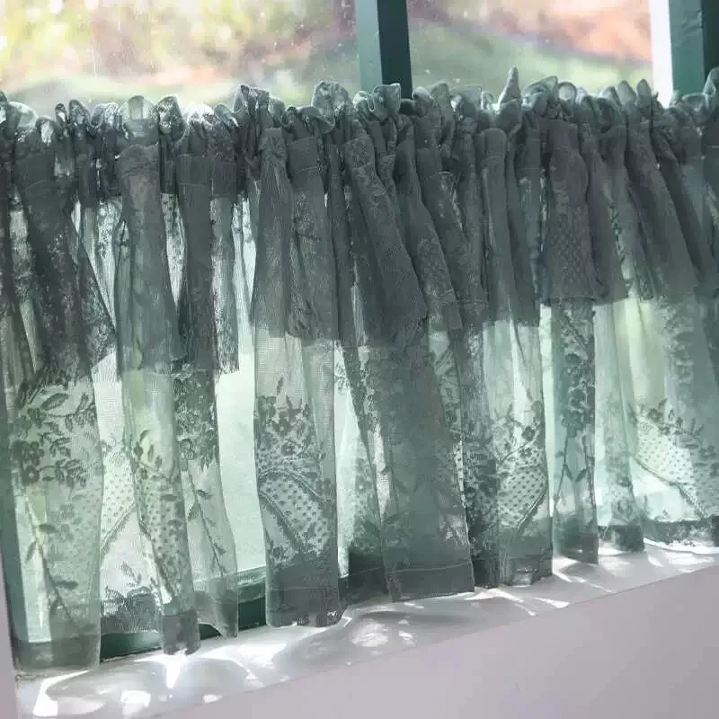 Korean/Japanese Double Pleated Dark Green Lace Short Curtains Korea Pastoral Geometric Half Curtains for Kitchen Valance #A585 3