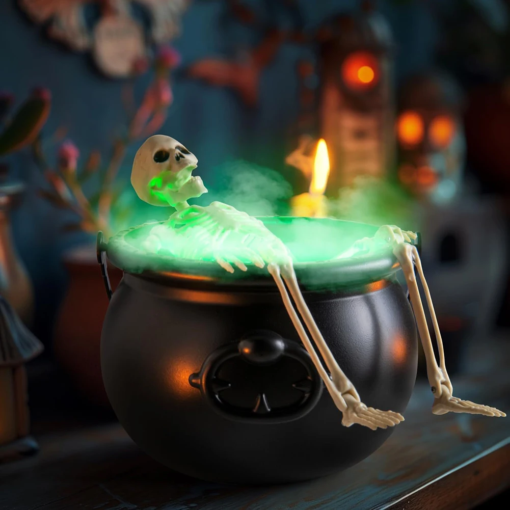 Black Cauldron Bucket Trick Or Treat Halloween Candy Bowl LED Mist Maker Skeleton Witch Cauldron Pot for Halloween Atmosphere