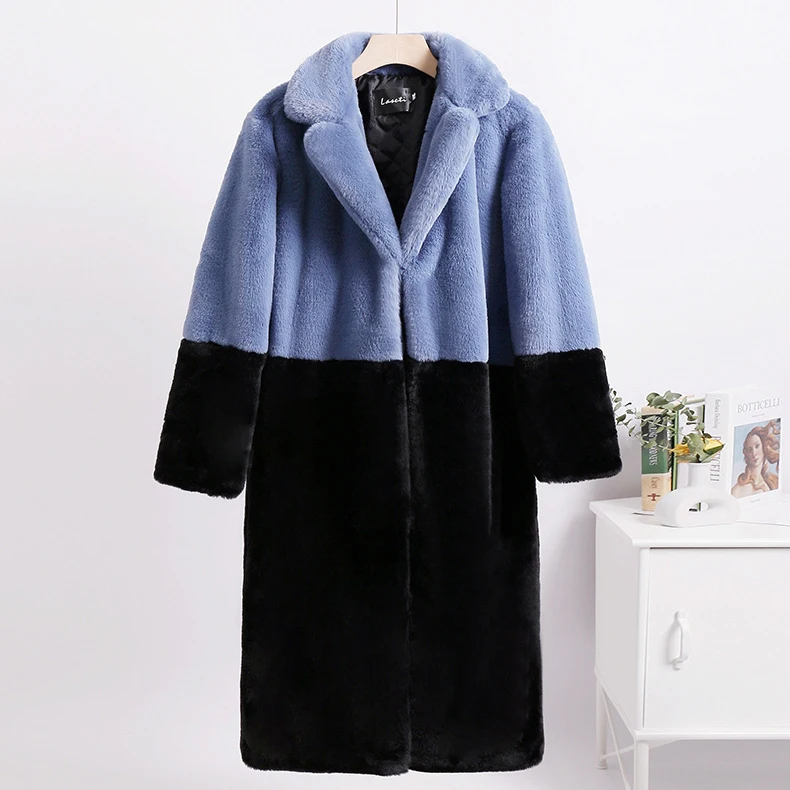 2022 New Women Winter Warm Faux Fur Coat Color Patch Thick Women Long Coat Turn Down Collar Women Warm Fur Coat Casaco Feminino waterproof puffer coat Coats & Jackets