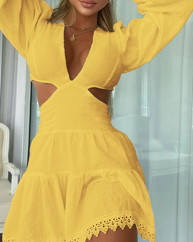 

2023 Spring Women's New Mini Dress, Yellow V-neck Hollow Dress