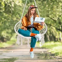 Hanging Chair Swing Chair with Tassels, Bohemian Style Cotton Rope Mesh Hammock Chair for Indoor & Outdoor 1