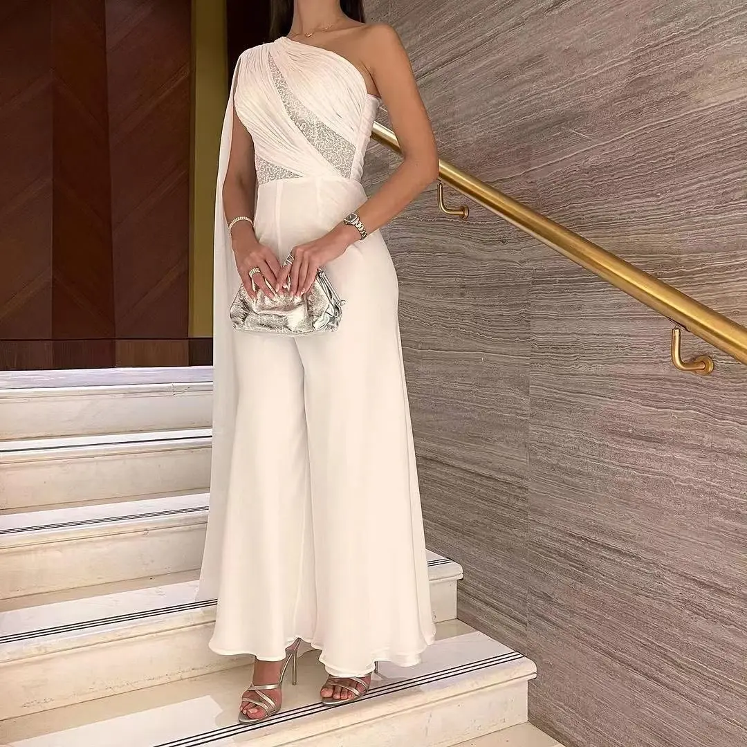 

Ivory Chiffon One Shoulder Long Prom Dresses Jumpsuit Sequins Backless Ankle Length Saudi Arabia Women Evening Party Dress