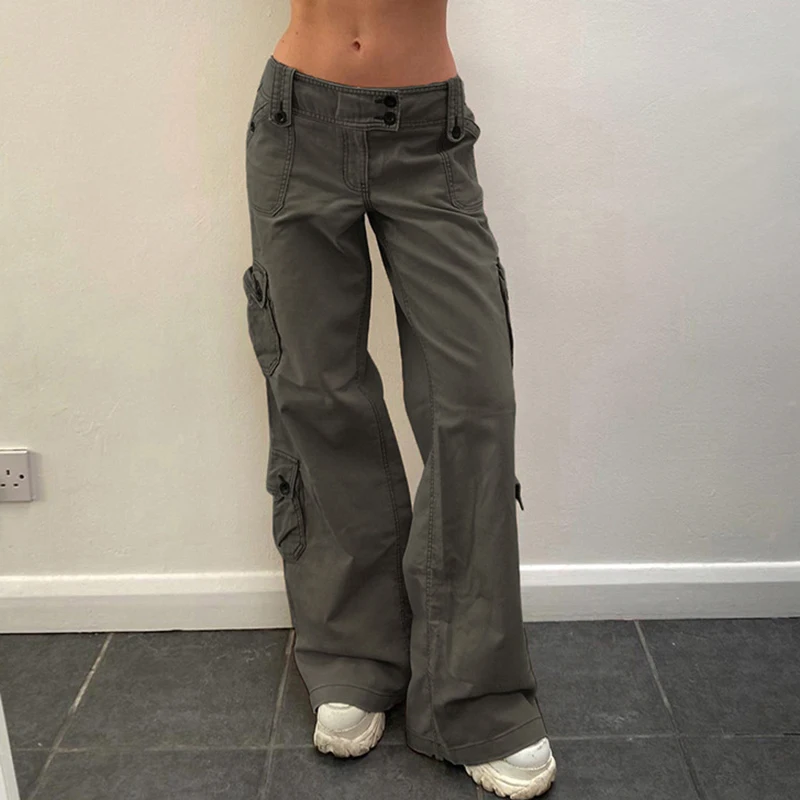 

Gray Denim Cargo Pants Women 2023 Fashion Double Button Low Waist Straight Leg Jeans Woman Casual Multi-pocket Black Loose Jeans