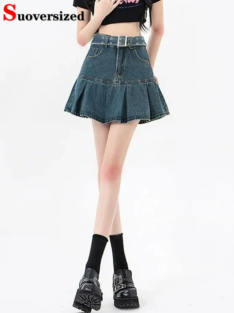 

2024 Summer High Waist Denim Skirt With Belt Korean Vintage Casual Lined Pleated Skirts Women Streetwear Chic A-line Jean Faldas