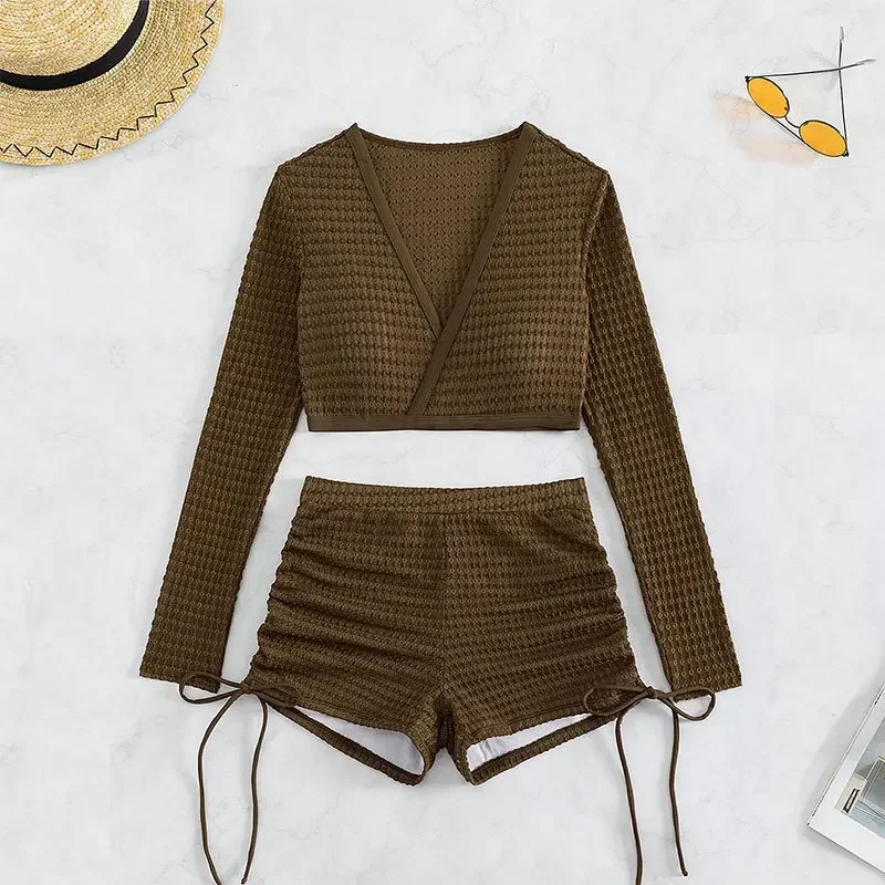 Coffee Shorts Bottom Swimsuits Bikinis Set Women Long Sleeve Crop Top Swimwear Drawstring Bathing Suit Beach Beach Swim Wear