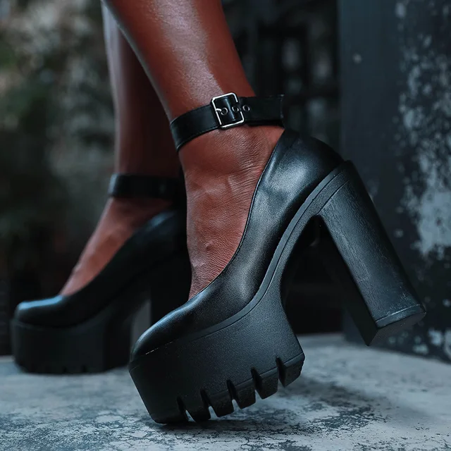 13 سنتيمتر فائقة عالية الكعب امرأة كعب سميك عالية الكعب أحذية للماء منصة أحذية سوداء الكاحل حزام مثير مضخات 34-43 4
