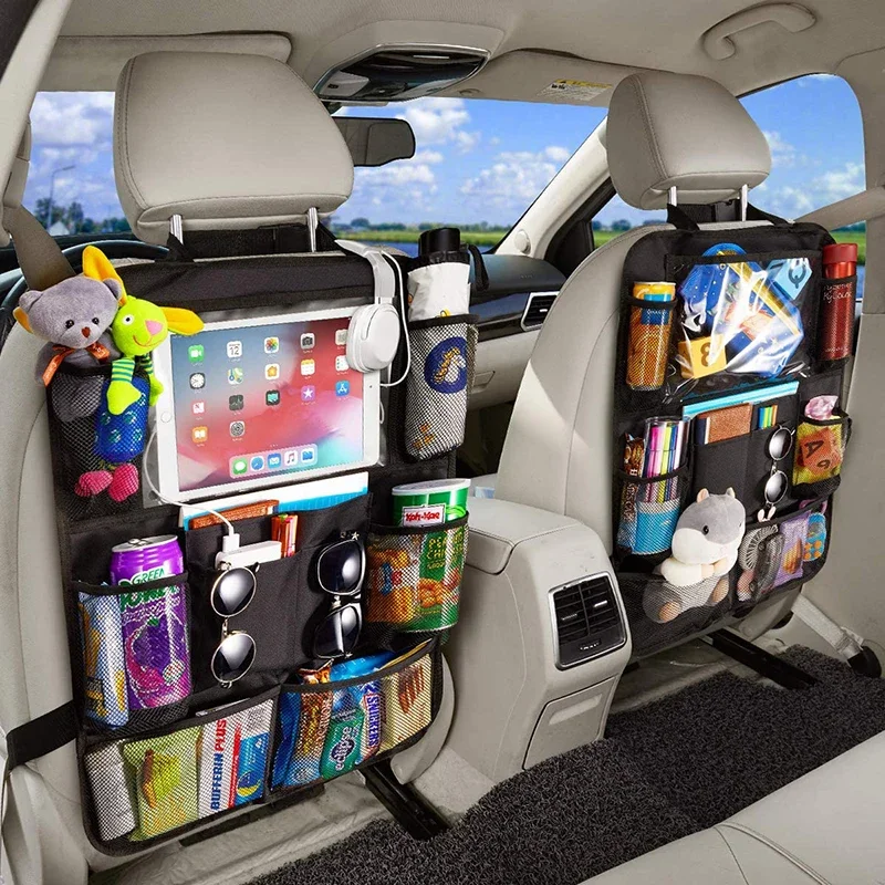 Car Backseat Organizer with 10" Table Holder 9 Storage Pockets Seat Back Protector Kick Mats for Kid Toddlers Travel Accessories