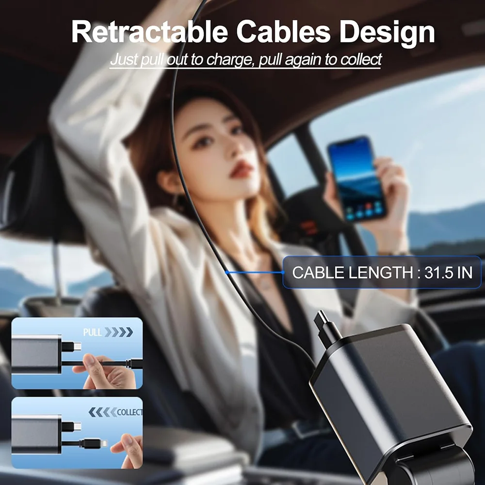 5 in 1 120W Car Charger Retractable Car Cigarette Lighter Adapter USB Type C Fast Charger Cable For IPhone Xiaomi Huawei Samsung