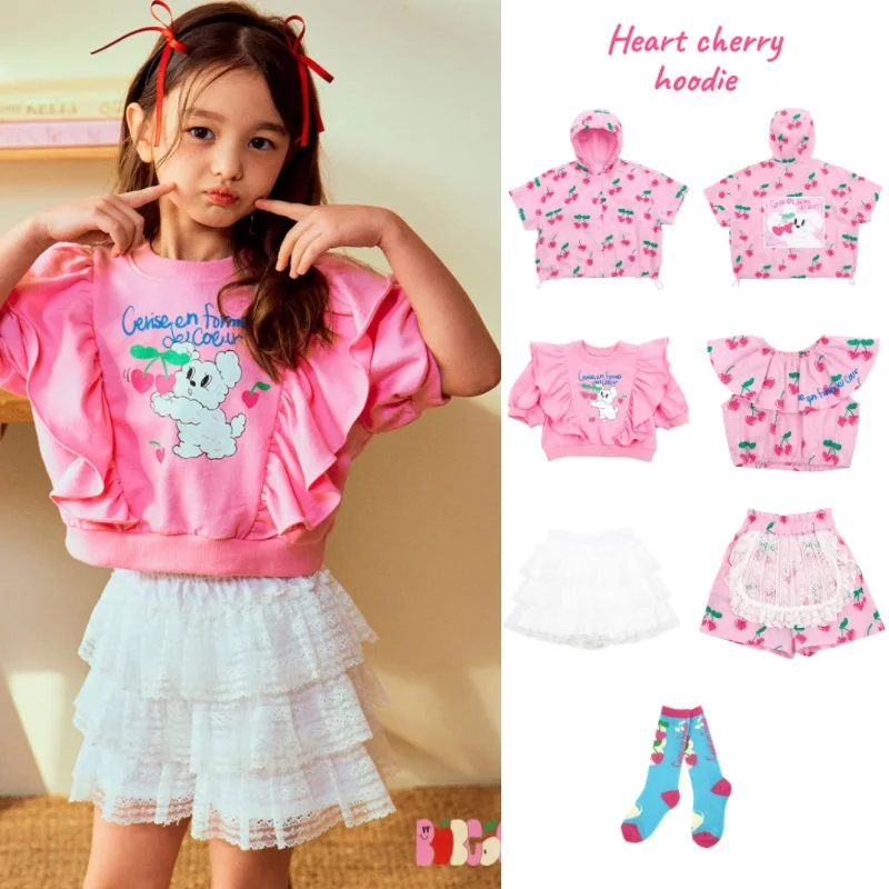 

Girls Short-sleeved Bustier Set 2024 Summer New Cartoon Pink Ruffle T-shirt Cotton Cute Lace Edge Bustier Children's Clothing