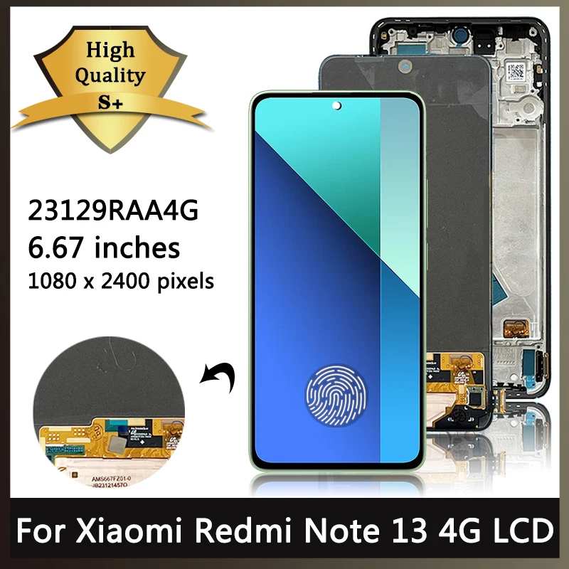 

ЖК-дисплей AMOLED 6,67 дюйма для Xiaomi Redmi Note 13 4G 23129RAA4G, цифровой сенсорный экран с рамкой для Redmi Note13 4G, дисплей
