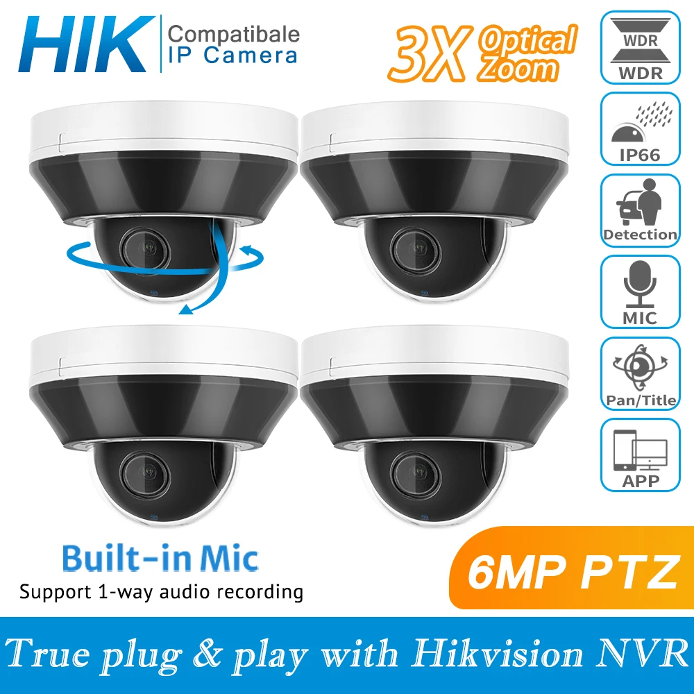 Telecamera Ip Ptz Dome Poe 6Mp Hikvision Compatibile Nvr Sorveglianza Sicurezza 2.8-8Mm Motorizzata 3X Zoom Cam Rilevamento Umano Audio