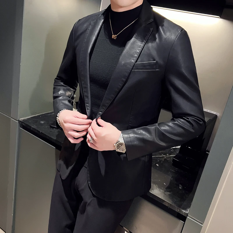 

2023 Men Suit Black Slim Fit Blazer Hombre PU Leather Jacket Male One Button Business Casual Prom Korean Suit Coat