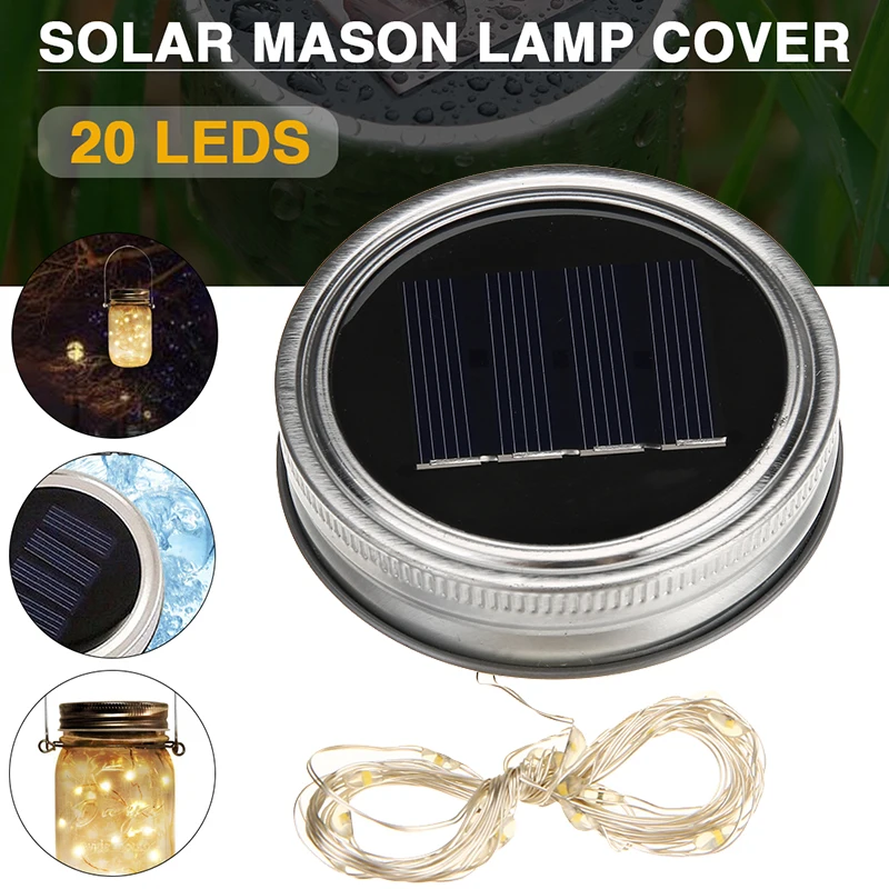 

1pc 20LED Solar Mason Lamp Cover Waterproof Garden Lantern AAA 1.2V 600mA Light Strings For Outdoor Party/Camping Lighting