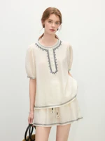 FSLE 2025 Summer Women’s Acetate-Linen Blend Resort Set – Embroidered Boho-Style Shirt & Flowy Skirt Casual Outfit