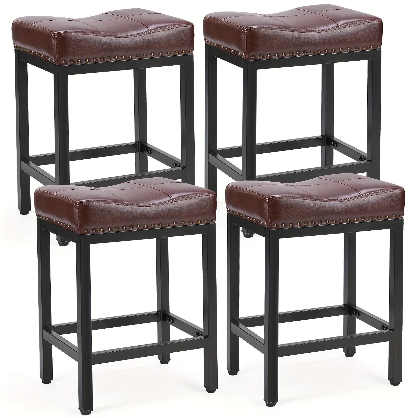 

Bar Stools Set of 4, Counter Height 24 inch Saddle Stools, Modern PU Leather Barstools with Metal Base and Footrest, Upholstered