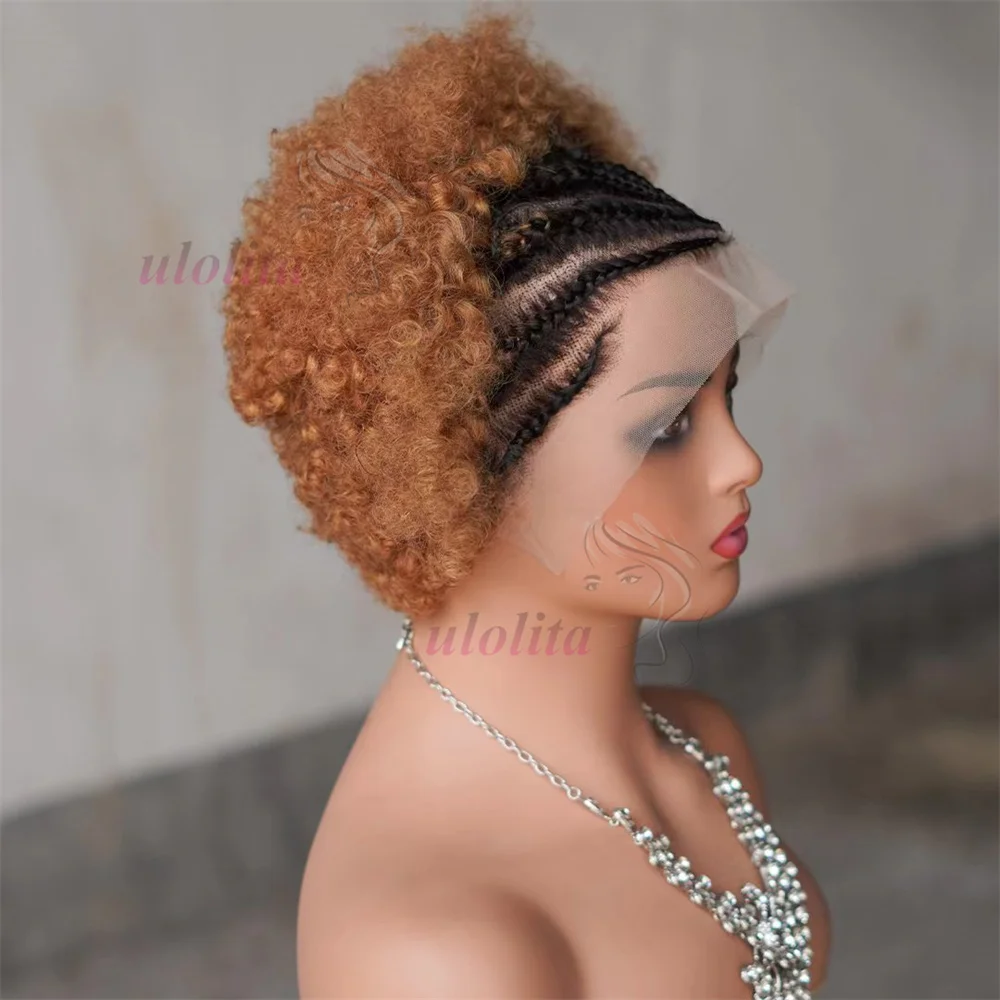 T1B/30 Ombre Color Afro Kinky Curly Human Hair Wig with Braids 13x4 Transparent Lace Front Curly Short Bob Wigs 250% for Women