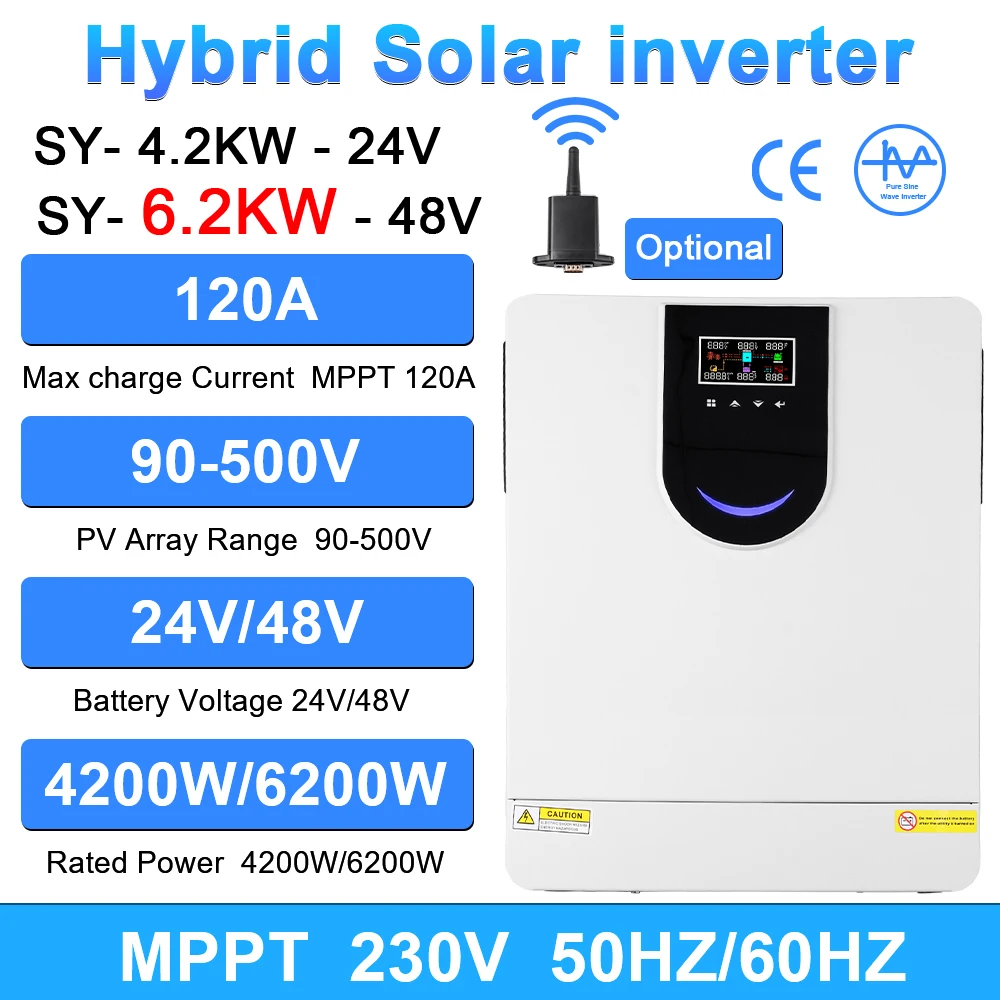 

6.2KW 4.2KW Hybrid Solar Inverter 48V 24V to 230VAC With Wifi MPPT 150A 130A 120A Charger Can Work No Battery 6200W/4200W