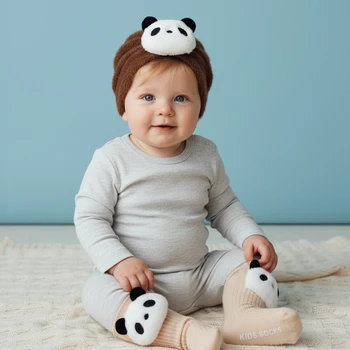 Cute Cartoon Baby Beanie Hat Warm Winter Soft Thicken Plush Fur Ear Protection Hat Infant Newborn Headwraps with socks set 1