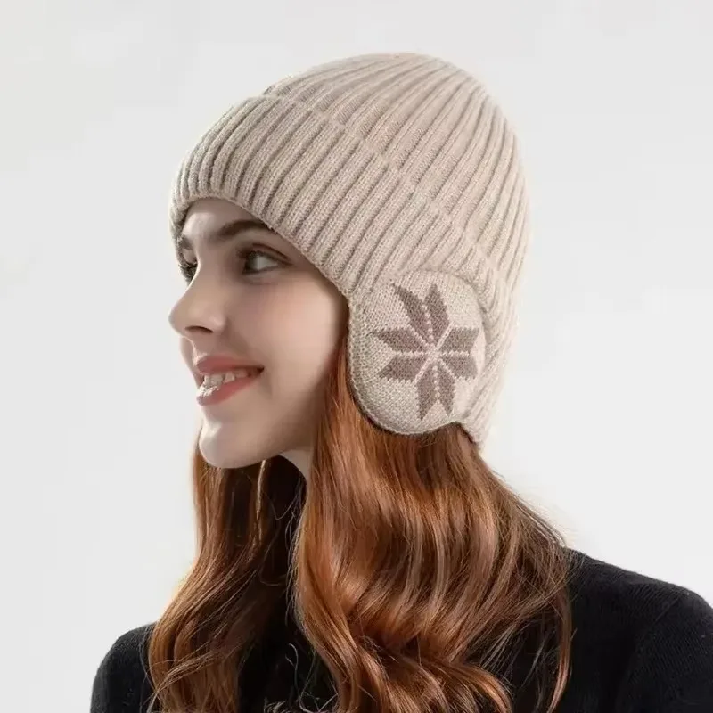Men Women Winter Warm Plush Knitted Snow Fashion Hat Unisex New Outdoor Coldproof Ear Protection Wool Caps Snowflake logo 3