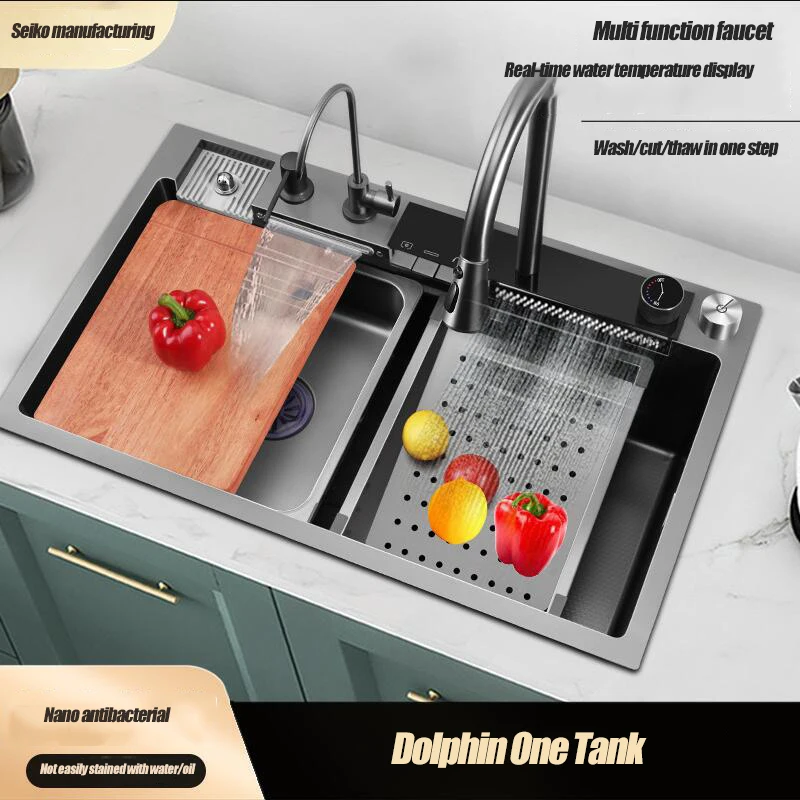 Dolphin No. 1 Digital Display Flying Rain Waterfall Kitchen Sink Large Single Slot Household SUS304 Stainless Steel Kitchen Basi