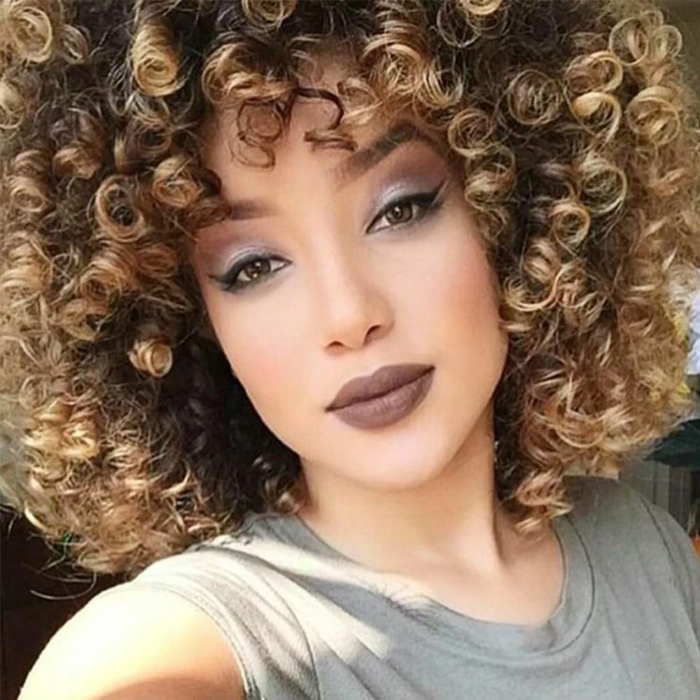 

Short Afro Curly Synthetic Wigs with Bangs Light Brown Golden Ombre Bomb Fiber Wig for Black Women Cosplay Daily Heat Resistant