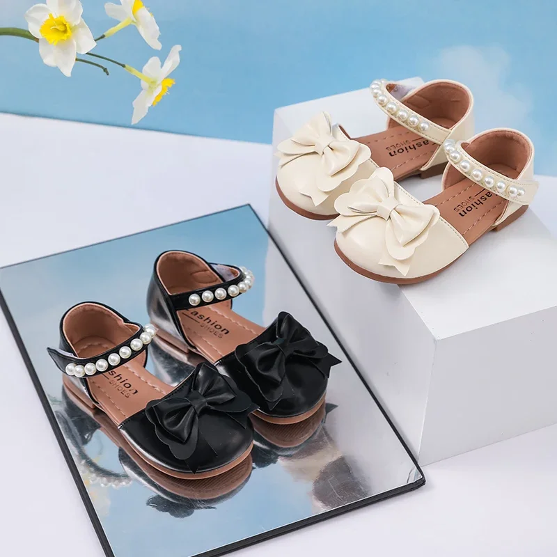 Girls Pearl Flat Sandals Summer Wedding Party Shoes