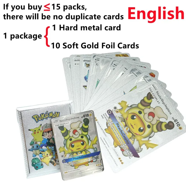 Pokemon Metal Card Spanish Box Gold Black Golden Letters Silver English Vmax Gx Collection Charizard Pikachu Cards Pack Toy Gift 11pcs English silver