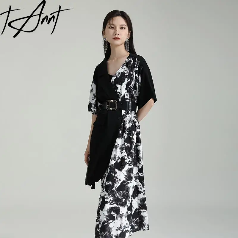 

Tannt Women Dress Asymmetry Patchwork Printing Dresses Irregular V-Neck Fashion Long Summer Dresses Women 2023 New
