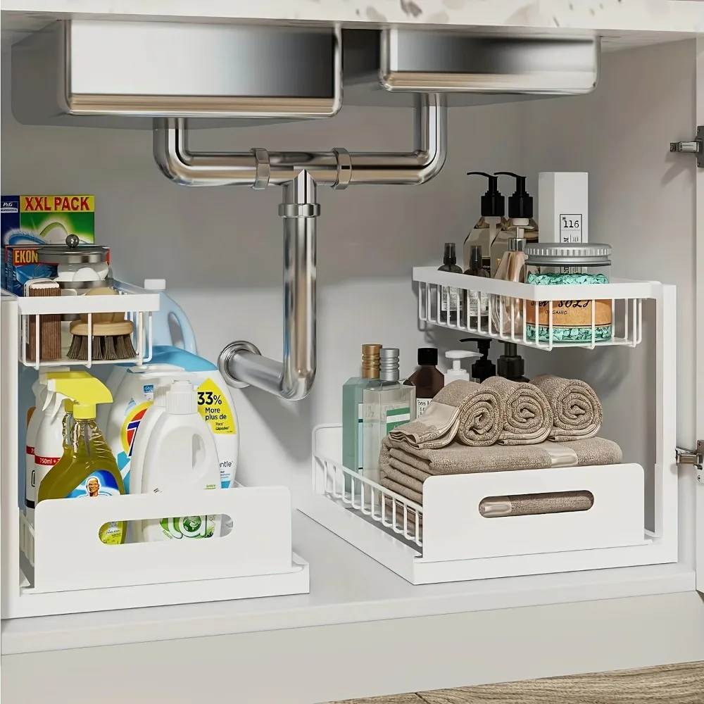 Double-Layer Sliding Sink Under-Sink Shelf for Home Use Pull-Out Cabinet Storage Rack for Kitchen and Bathroom Storage
