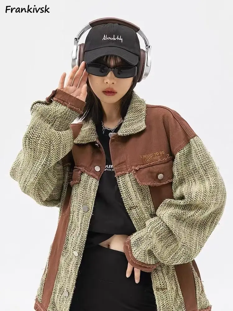 

Patchwork Jackets Contrast Color Harajuku Streetwear Japanese Style Baggy Stylish Temperament Retro Schoolgirl Daily Windproof