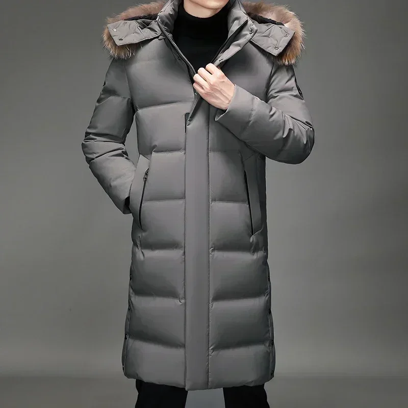Luxury Long Down Jacket Men's Winter Korean Style Detachable Fur Collar Cap White Duck Down Warm Coat Brand Lightweight Parka down jacket mens jacket