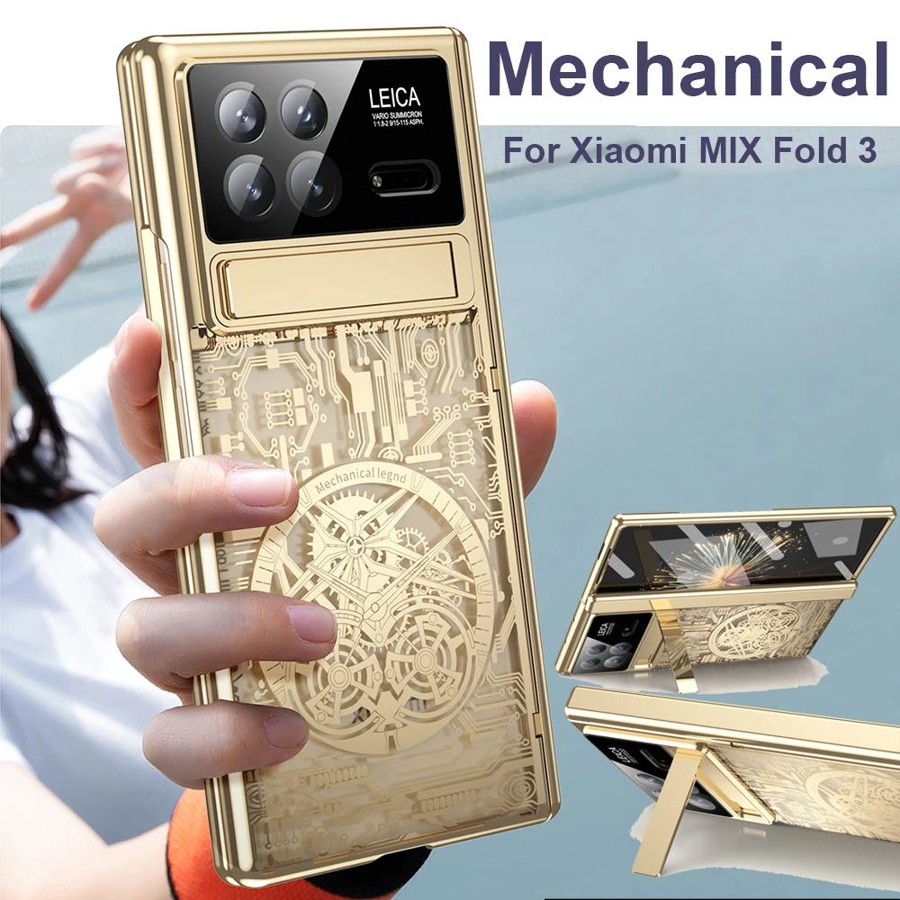 

For Xiaomi MIX Fold 3 Case Hinge Mechanical Plating Transparent 360 Full Screen Protector Cover For MIX Fold 3 Case Kickstand