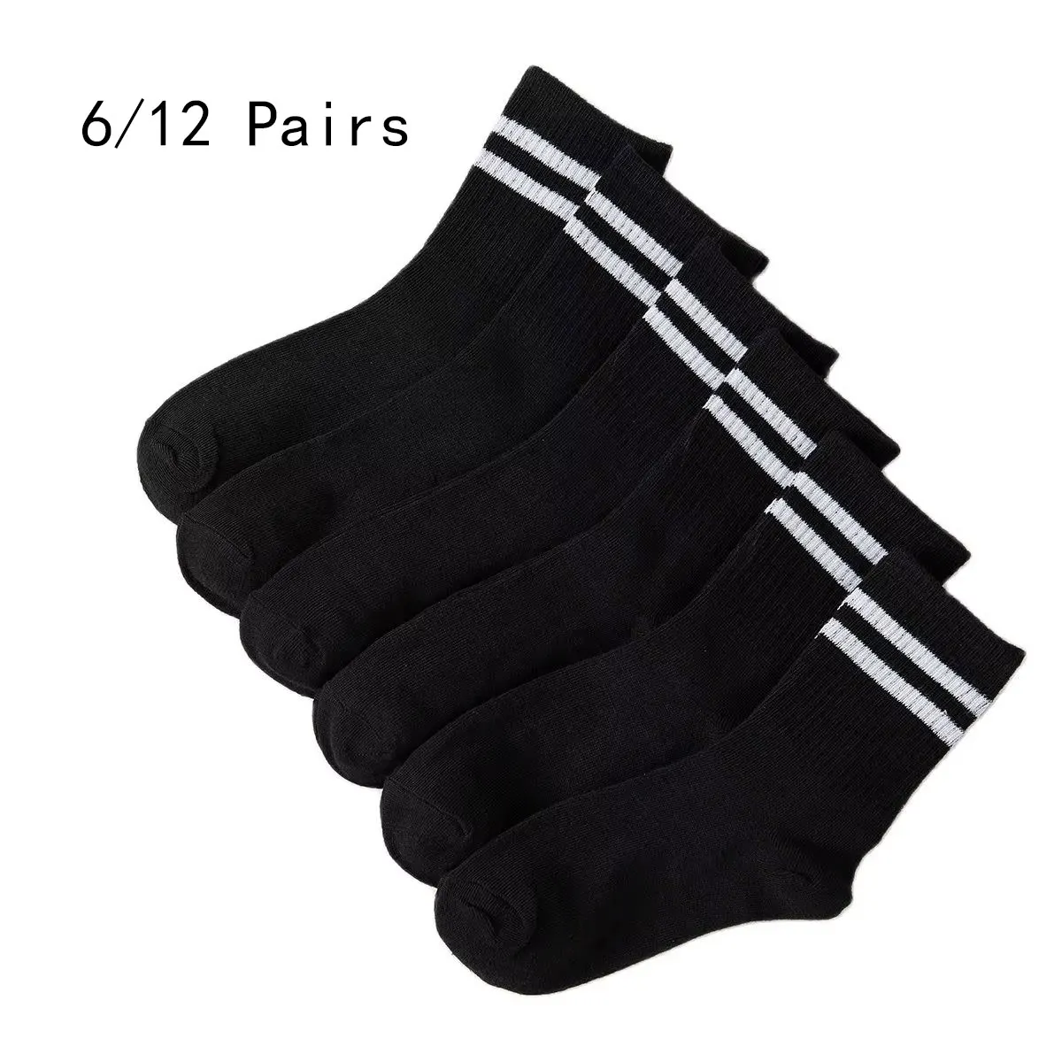 Middle Tube Socks 6/12 Pairs High Tube Mid Length For Men Solid Black And White With Parallel Bars Sweat Absorption