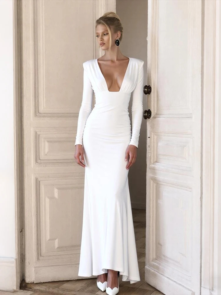 Nibber Sexy Low-Neck Maxi Dress Shoulder Pads Skinny Solid Long Sleeve Elasticity Prom Party Simple Classic Elegant Vestidos
