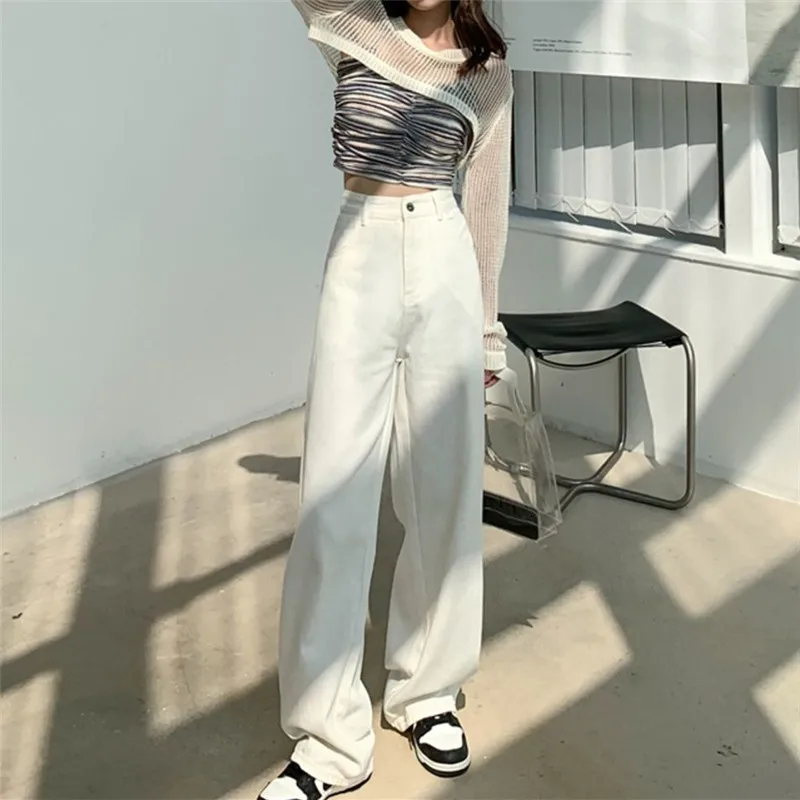 

Jeans Women Spring and Autumn New Solid Color Wide Leg Pants High Waist Button Pocket Loose Trousers Simple Female Clothing 376