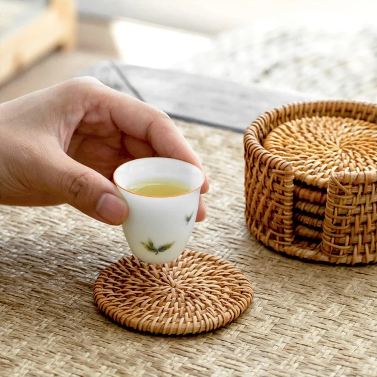 6Pcs Japan Style Sado Supplies Rattan Coasters Tableware Mats Handmade Tea Ceremony Tableware Set INS Style Desktop Decorations