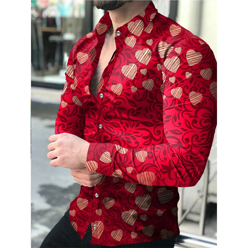 

Luxury Fashion High Quality Men Shirts Turn-down Collar Casual Shirt Heart Print Long Sleeve Tops Men's Clothing Prom Cardigan