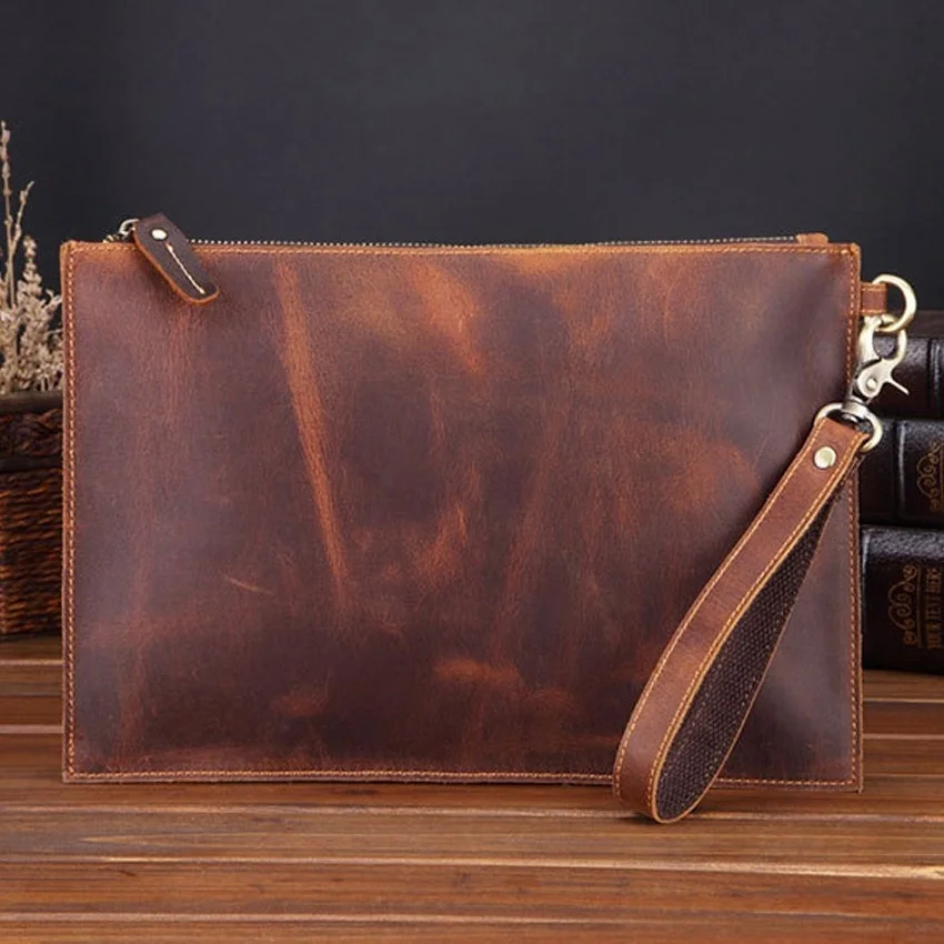 Crazy Horse Leather Craft Man's Handbag  Cowhide Business Bag   Large Capacity File Grab Bag   Cow Leather Bag