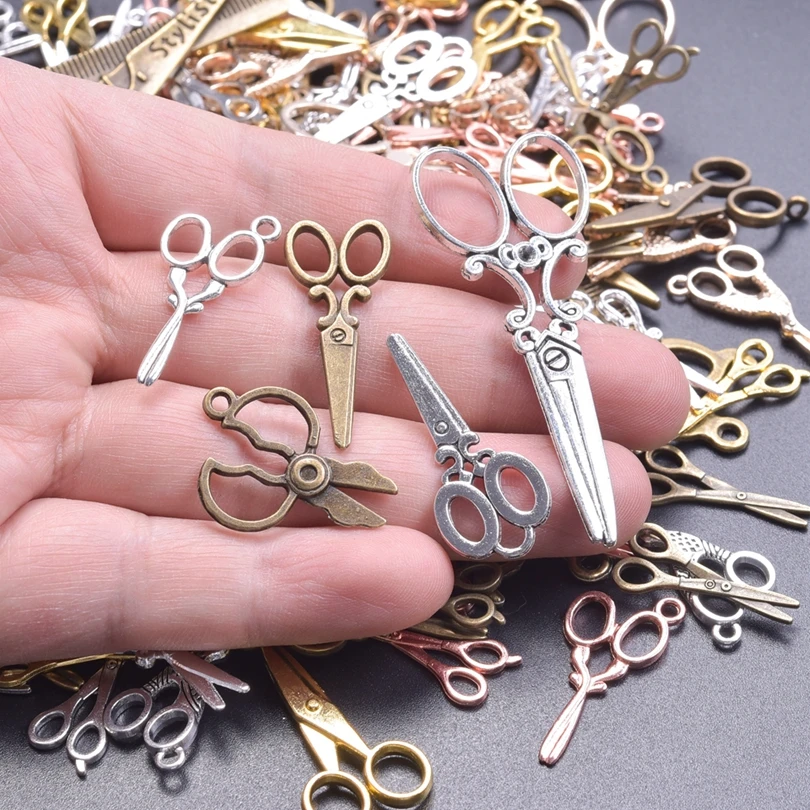 10pcs Mixed Alloy Mini Scissors Charms Bulk Antique Silver/Gold