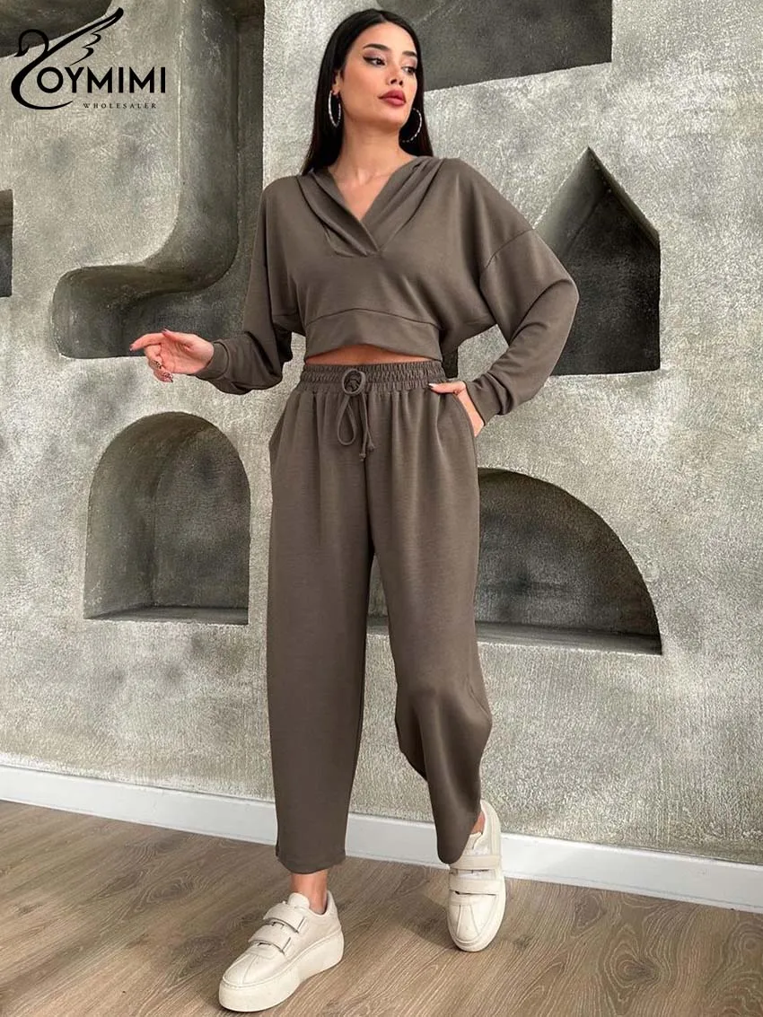 Oymimi Fashion Brown Loose 2 Piece Sets Women Outfit Elegant Long Sleeve Hooded Collar Crop Tops And Drawstring Trousers Sets