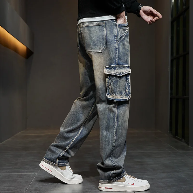 Versatile retro jeans for men, loose and nostalgic multi pocket straight leg denim pants, hip-hop workwear pants 6