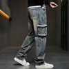 Versatile retro jeans for men, loose and nostalgic multi pocket straight leg denim pants, hip-hop workwear pants 6