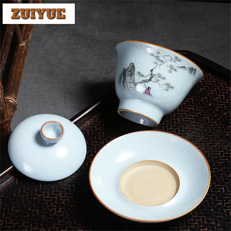 180ml Vintage Kiln Tea Bowl Lid Saucer Set Ceramic Gaiwan Master Porcelain Tea Tureen Drinkware Container Teaware Teapot