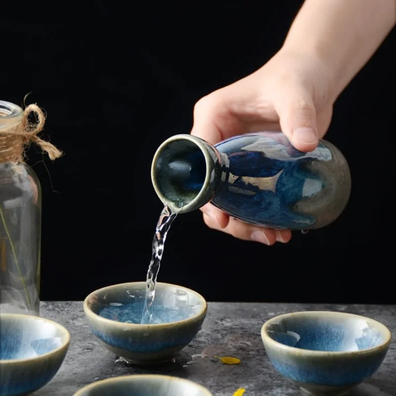 일본식 사케잔 & 주전자 와인 세트 세라믹 바이주잔 식기 빈티지 와인 주전자 선술집 식기