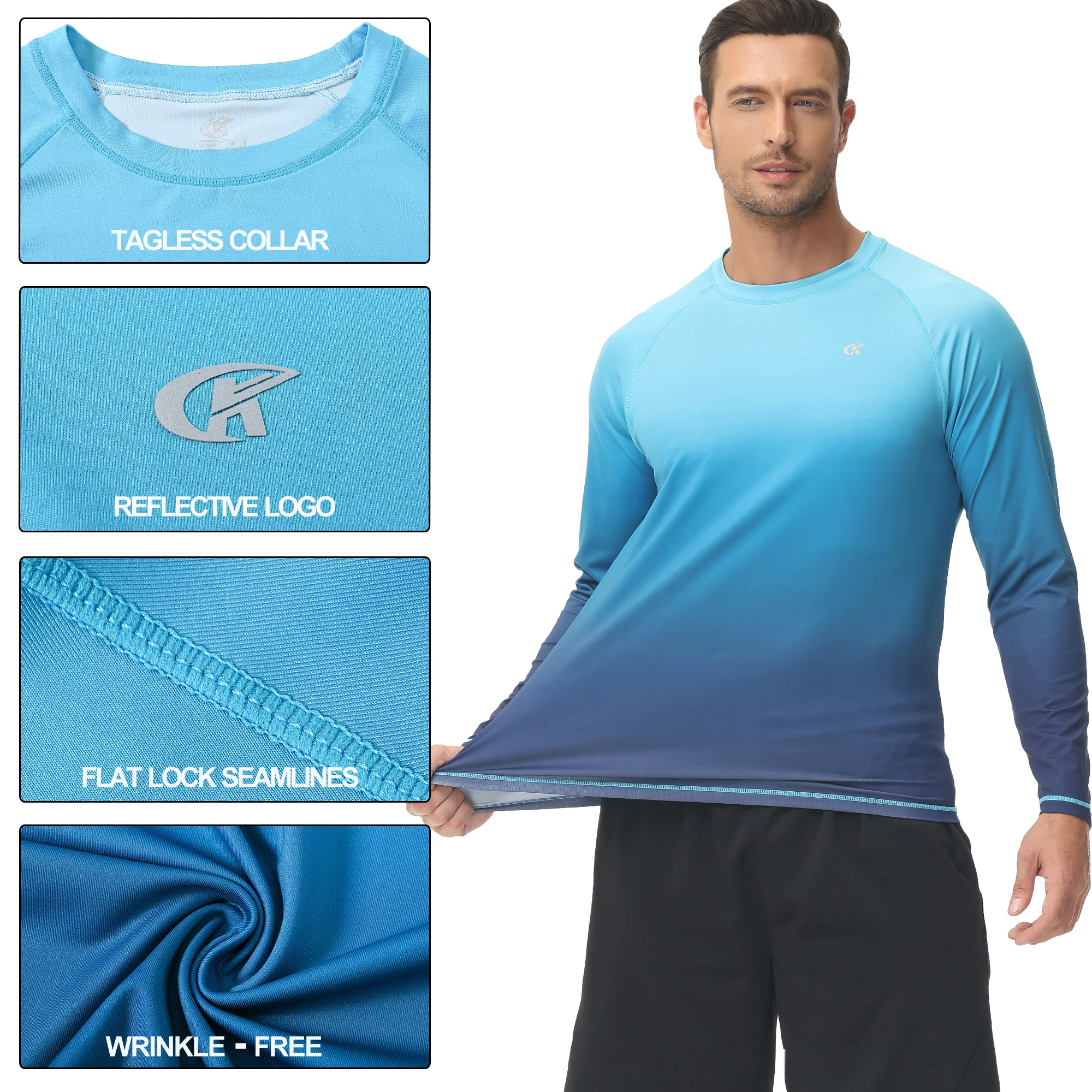 Description Picture 3 of itemMen UPF 50+ Gradient Long Sleeve Swim Tee Breathable Surf Shirt Rash Guard Hiking Outdoor Shirts