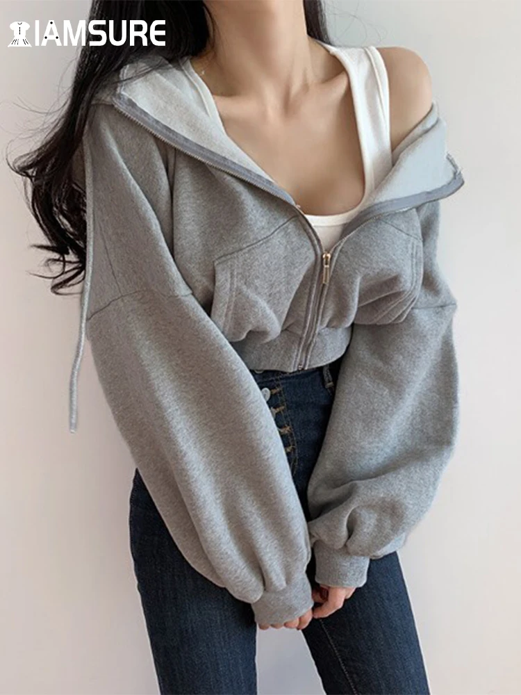 IAMSURE Short Hoodies Women Solid Sweatshirt Tracksuit Long Sleeve Female  Crop Top 2020 Fashion Korean Clothing Harajuku 1