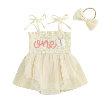 Baby Girl Birthday Outfit Sleeveless Letters Tie-up Romper Dress with Bow Hairband Summer Clothes