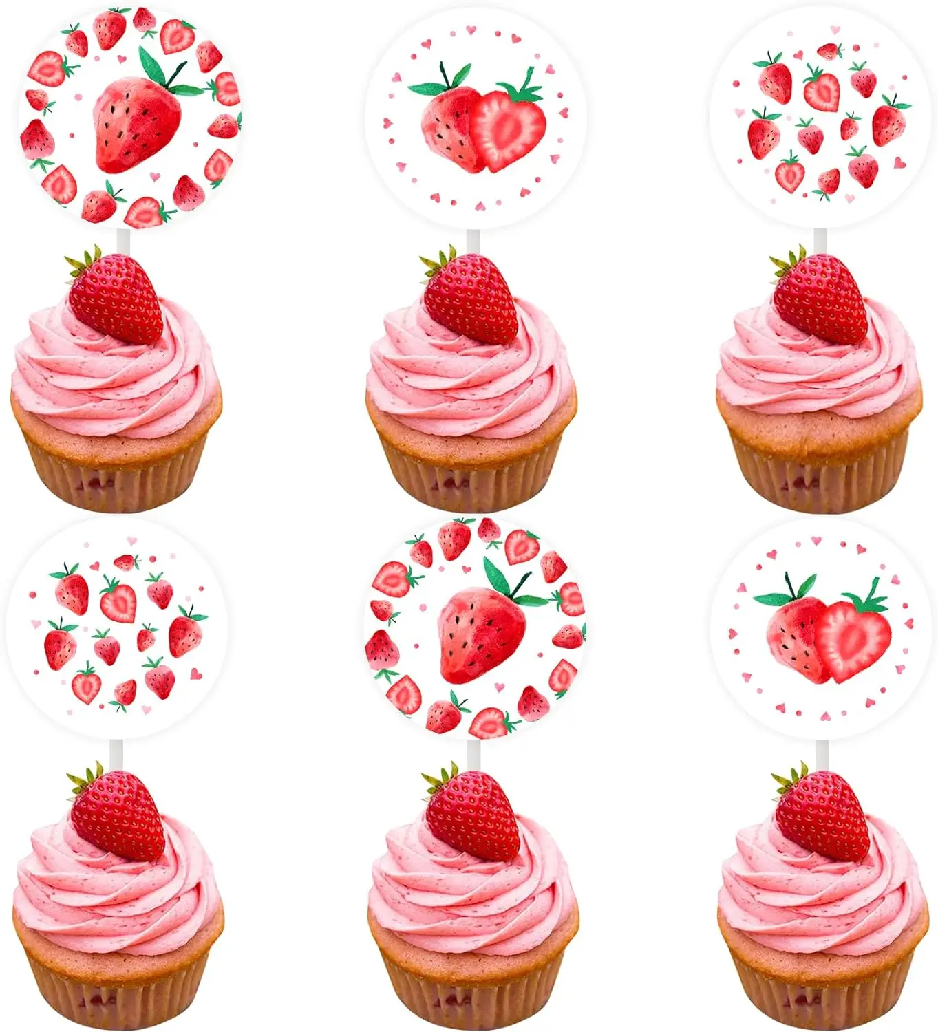 

24 Pack Strawberry Cupcake Toppers Birthday Baby Shower Summer Fruit Theme Decor Dessert Ornaments Pink Berry Cake Decors