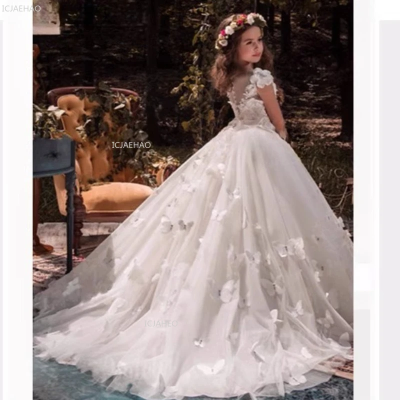 White Long Girls Princess Party Dress with Train for Piano Performance Children Pageant Formal Gown Flower Girl Wedding Birthday