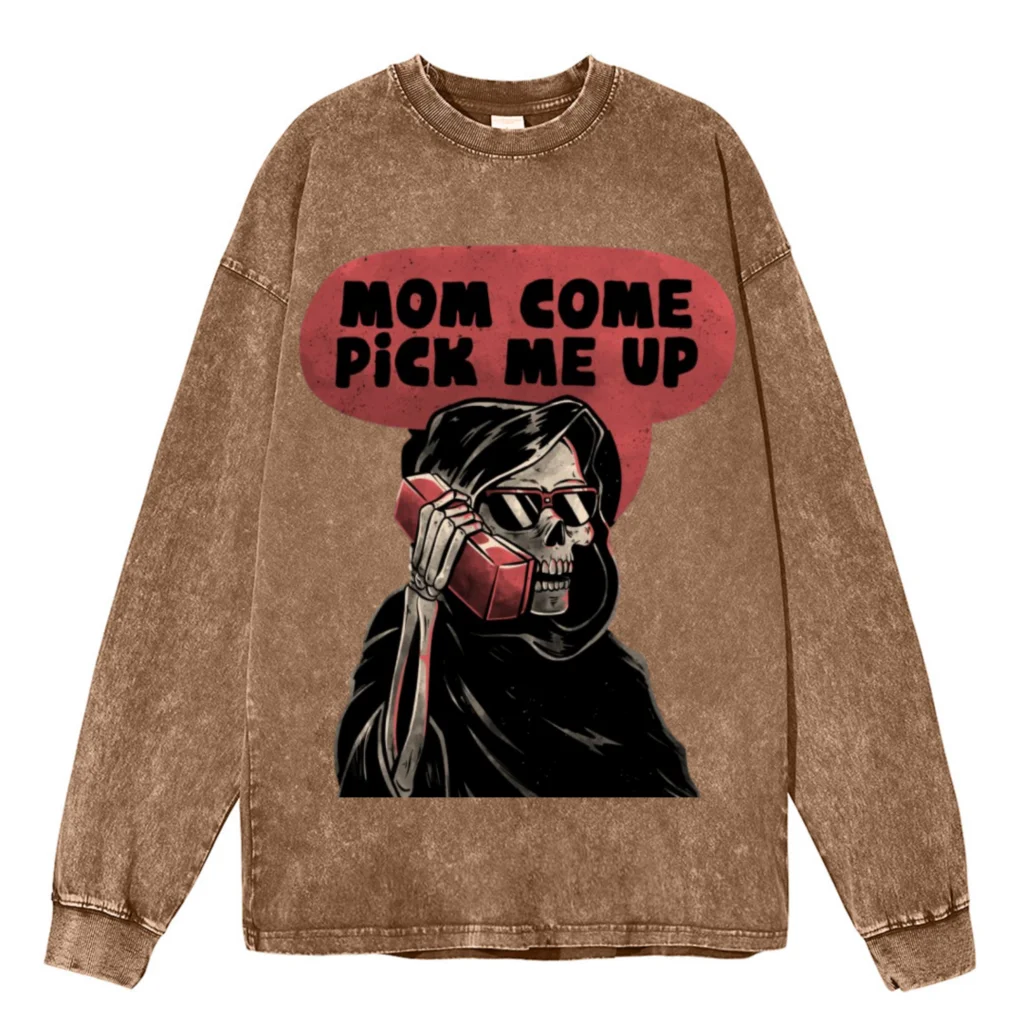 

Washed denim men's round neck long sleeved sweater jacket, pure cotton unisex printed cotton coat